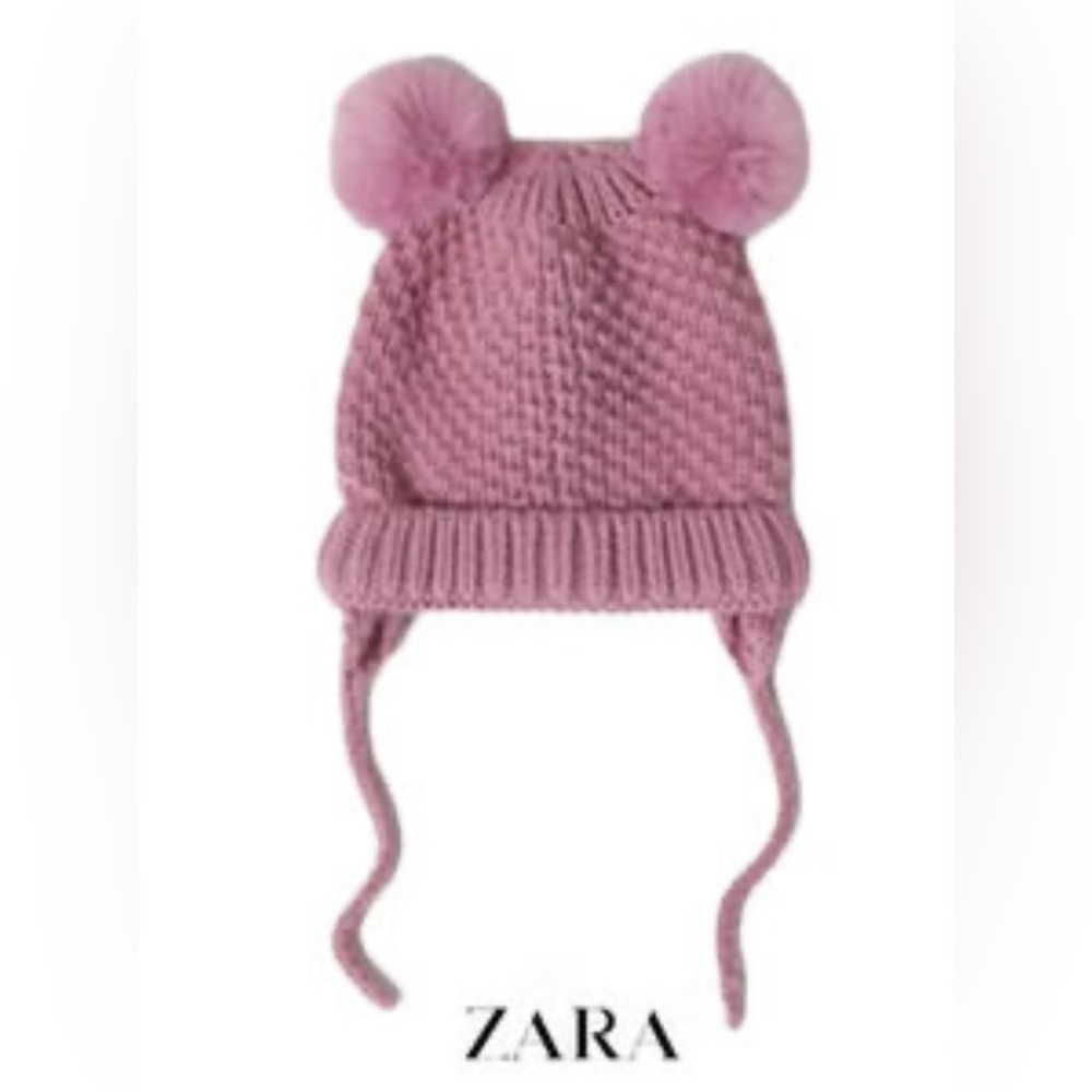 Zara pink pom pom lined winter stretch chunky knit hat puff balls toddler baby